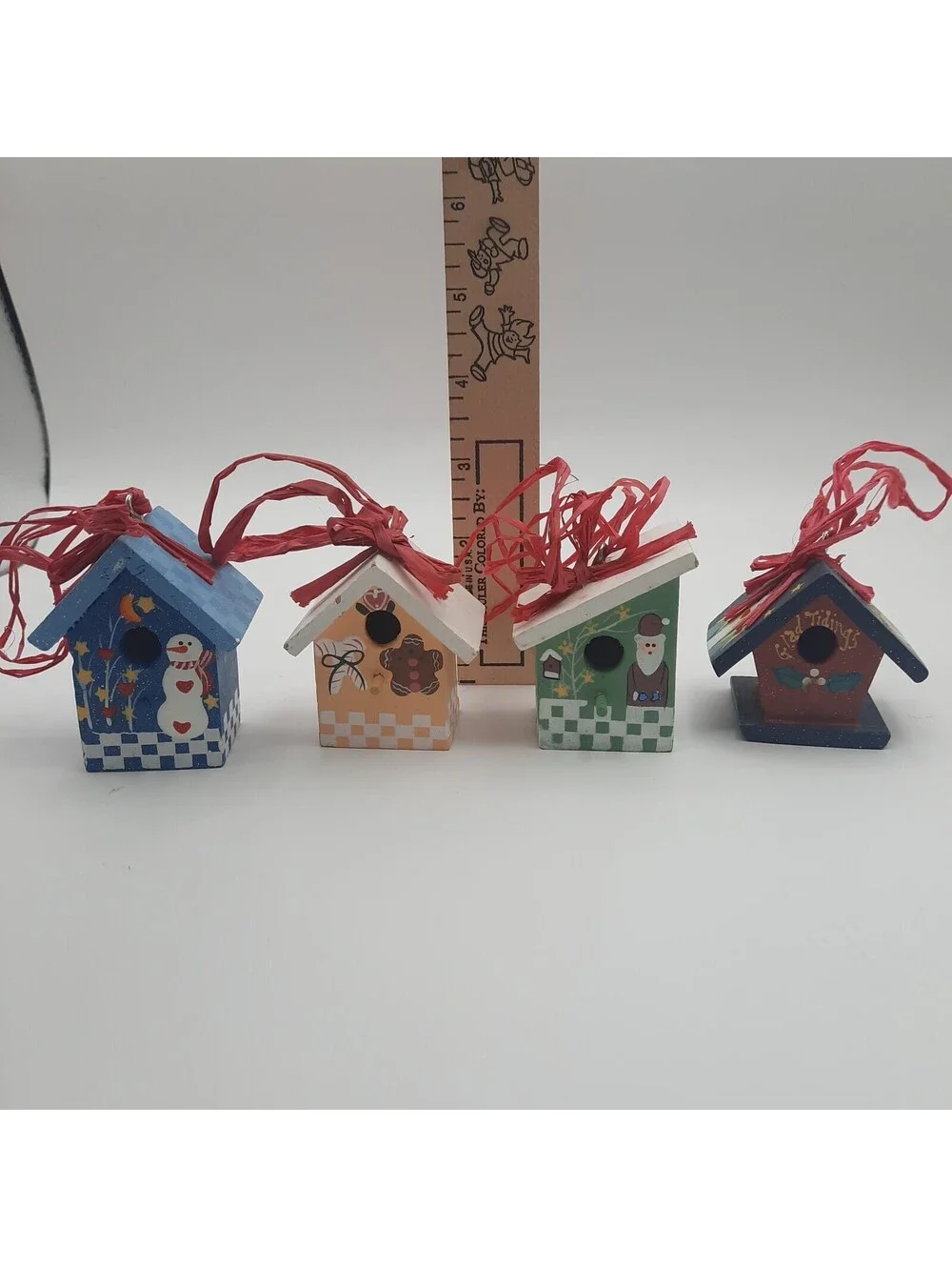 Lot of 4 Small Birdhouse Ornaments  Wood w/Raffia Hangers Chritmas/Holidays